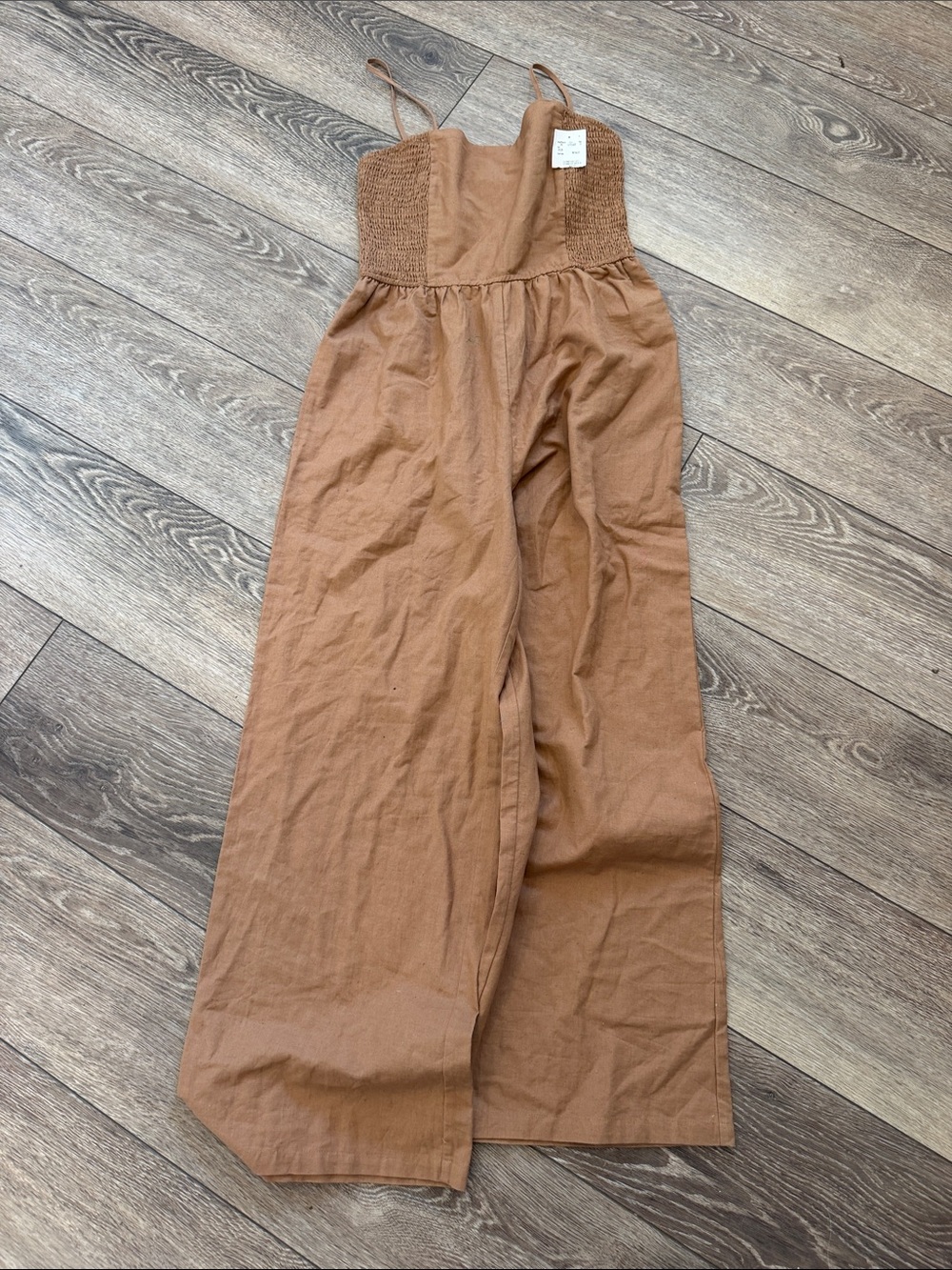 NEW Beyond Words Wide-Leg Smocked Bodice Jumpsuit in Brown Large